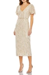 Mac Duggal Sequined V Neck Flutter Sleeve Tea Length Dress In Oyster