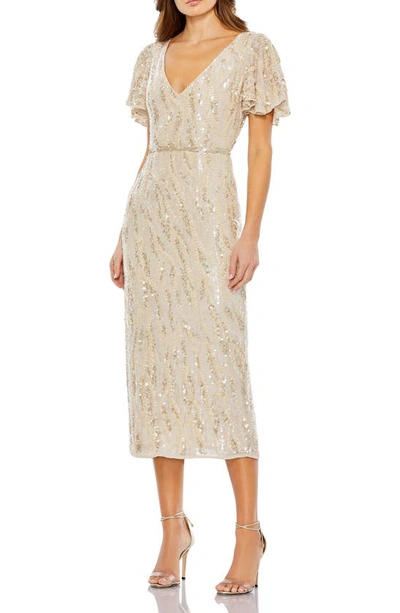 Mac Duggal Sequined V Neck Flutter Sleeve Tea Length Dress In Oyster