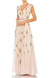 Mac Duggal Beaded Cap Sleeve V-neck Gown In Blush