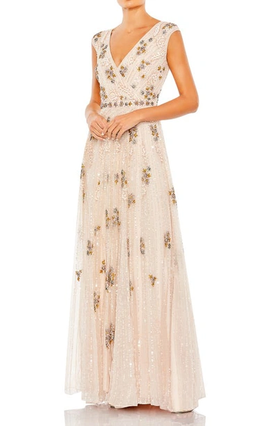 Mac Duggal Beaded Cap Sleeve V-neck Gown In Blush