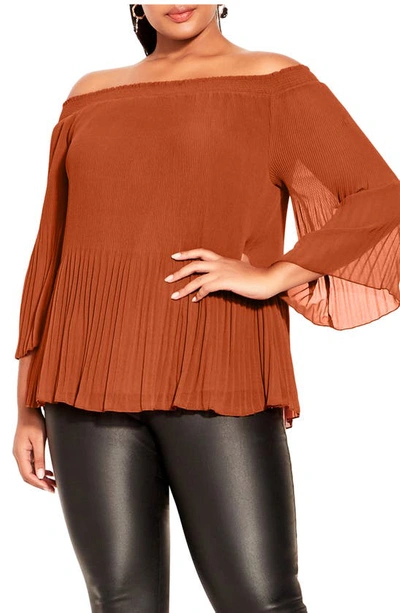 City Chic Trendy Plus Size Pleated Off Shoulder Top In Ginger
