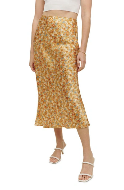 Reformation Pratt Floral-print Silk-satin Midi Skirt In Yellow