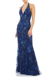 Mac Duggal Sequin Floral Halter Neck Sheath Gown In Midnight
