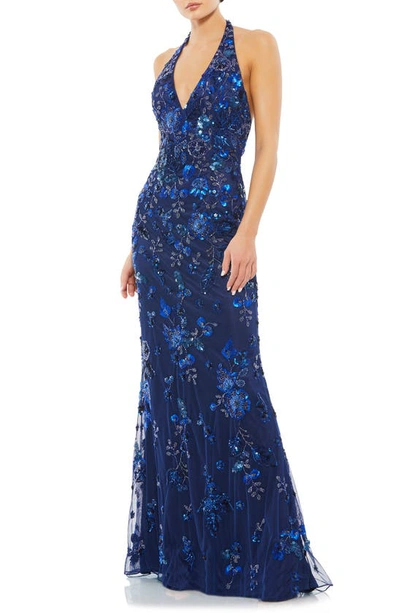 Mac Duggal Sequin Floral Halter Neck Sheath Gown In Midnight