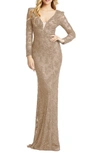 Mac Duggal Sequin & Pearl Beaded Long Sleeve Gown In Mocha