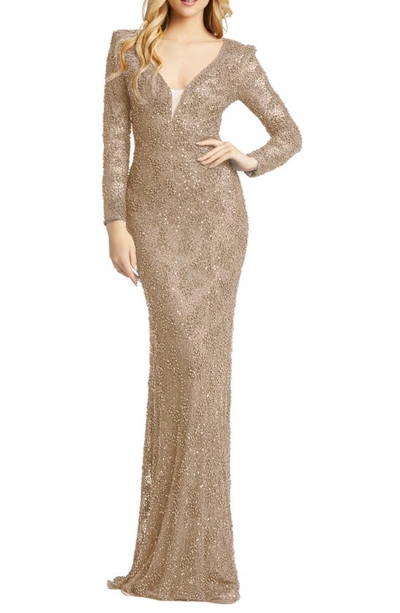 Mac Duggal Sequin & Pearl Beaded Long Sleeve Gown In Mocha