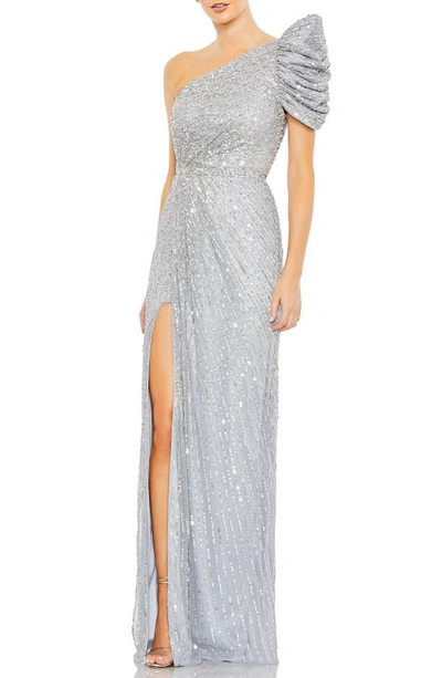 Mac Duggal One-shoulder Sequin A-line Gown In Silver
