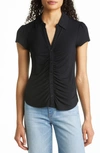 Sanctuary Dream Shirred Placket Knit Button-up Shirt In Black