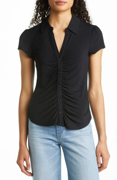 Sanctuary Dream Shirred Placket Knit Button-up Shirt In Black
