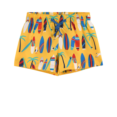 Frugi Kids'  Boscastle Swim Shorts Daffodil Surfs Up In Yellow