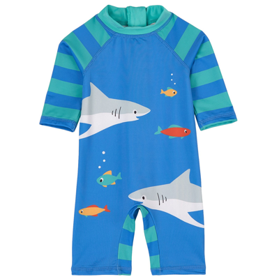 Frugi Kids' Little One-piece Rashguard Swimsuit Cobalt Shark In Blue