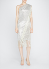 Badgley Mischka One-shoulder Fringed Sequin Toga Dress In Sequin Fringe