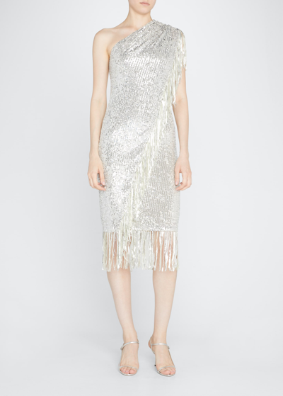 Badgley Mischka One-shoulder Fringed Sequin Toga Dress In Sequin Fringe