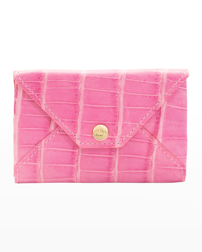 Abas Envelope Flap Polished Matte Alligator & Leather Card Case In Blush Pink