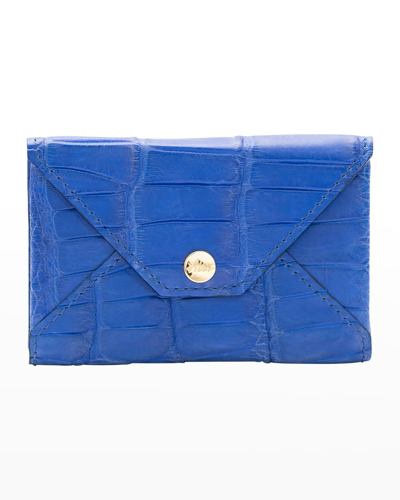 Abas Envelope Flap Polished Matte Alligator & Leather Card Case In Electric Blue