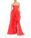 Theia Teresa Draped Strapless Gown In Red