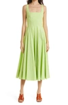 Staud Wells Stretch Cotton Poplin Midi Fit & Flare Dress In Lime