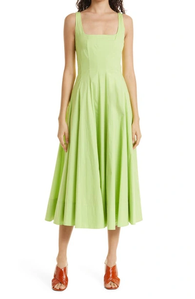 Staud Wells Stretch Cotton Poplin Midi Fit & Flare Dress In Lime