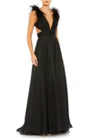 Mac Duggal Feather-trim Plunge A-line Gown In Black