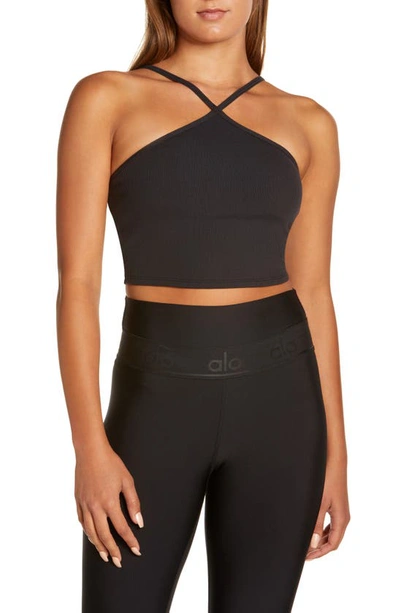 Alo Yoga Goddess Ribbed Cross Crop Top In Black