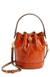 Tory Burch Mini T Monogram Patent Embossed Bucket Bag In Spring Spice