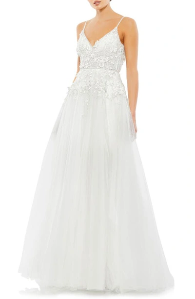 Mac Duggal Appliqued V Neck Sleeveless Open Back A Line Gown In White |  ModeSens