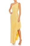 Mac Duggal Imitation Pearl One-shoulder Asymmetric Gown In Yellow