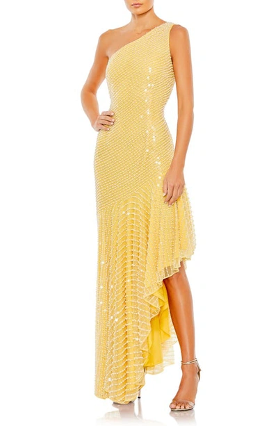 Mac Duggal Imitation Pearl One-shoulder Asymmetric Gown In Yellow