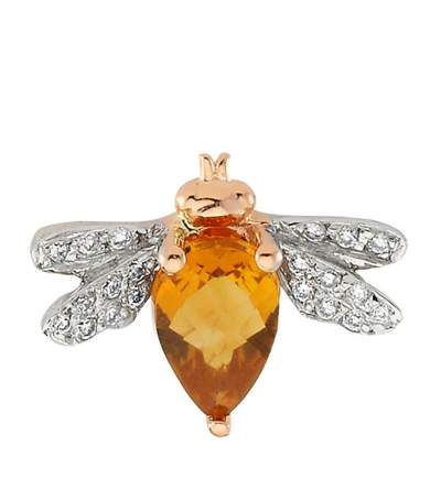 Bee Goddess Rose Gold, Diamond And Citrine Queen Bee Earring In Yellow