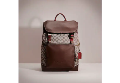 Coach Restored League Flap Backpack In Signature Jacquard In Black Copper/oak/maple
