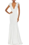 Mac Duggal Feather-embellished Deep V-neck Gown In White