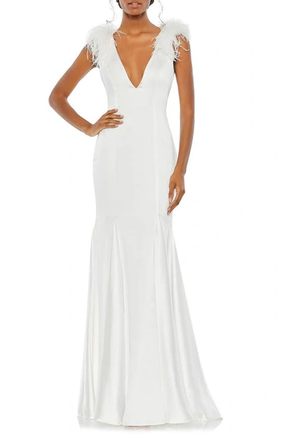 Mac Duggal Feather-embellished Deep V-neck Gown In White