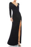 Mac Duggal Crystal-encrusted Long-sleeve Wrap Gown In Midnight