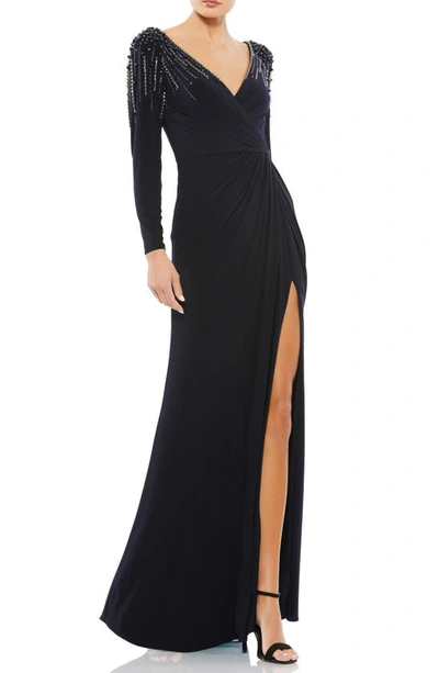 Mac Duggal Crystal-encrusted Long-sleeve Wrap Gown In Midnight