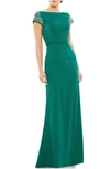 Mac Duggal Bateau-neck Embellished Cap-sleeve Gown In Emerald Green