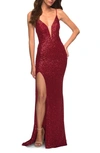 La Femme Illusion Inset Sequin Gown In Red