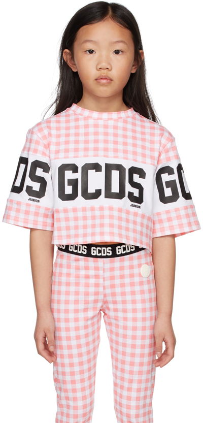 Gcds Kids Pink & White Cropped Checkered T-shirt In 82195 Pink