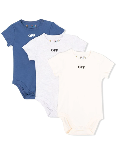 Off-white Baby Set Of 3 Printed Cotton Bodysuits In 蓝色