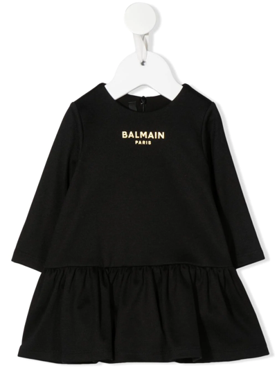 Balmain Babies' Gold-tone Logo-print Dress In 黑色