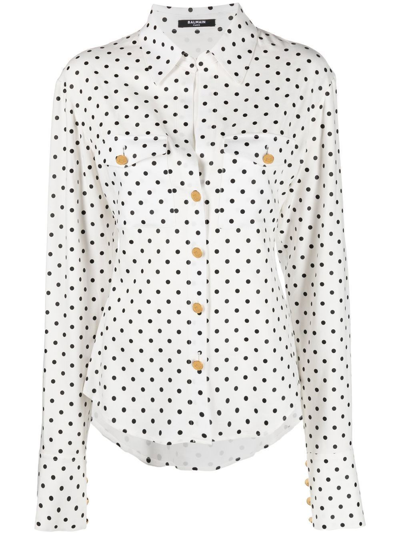 Balmain Polka-dot Long-sleeve Shirt In White