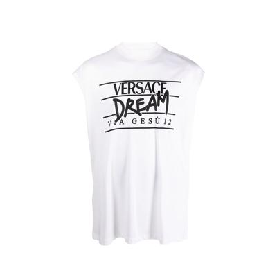 Versace Slogan Logo-print Sleeveless Vest Top In White