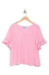 Cece Double Flutter Sleeve Button Front Blouse In Sweet Pink