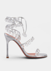 Amina Muaddi Tina Metallic Crystal Charm Ankle-wrap Sandals In Silver