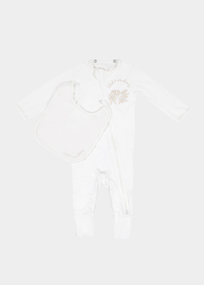 Pea Pop Baby's Personalized Footed Bodysuit W/ Attachable Bib In White Sheep