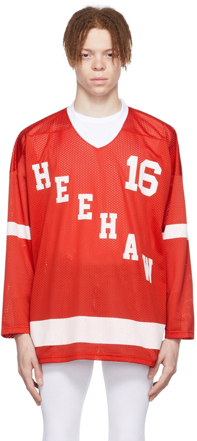 Erl Heehaw-print Mesh Long-sleeved T-shirt In Red | ModeSens