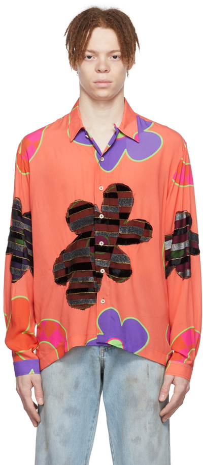 Erl Floral-print Patchwork Regular-fit Crepe Shirt In Orange