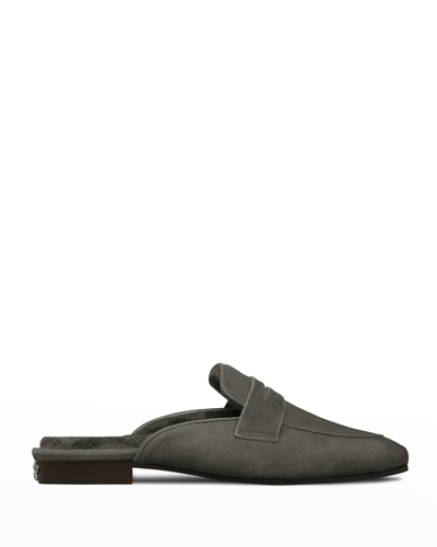 Bougeotte Suede Shearling Loafer Mules In Steel Grey