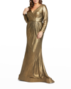 Mac Duggal Metallic Long Sleeve Faux Wrap Gown In Bronze
