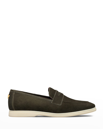 Bougeotte Suede Sporty Penny Loafers In Dark Olive