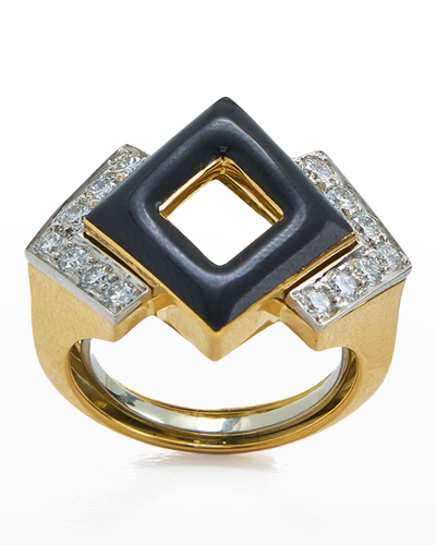 David Webb Motif 18k Yellow Gold, Black Enamel & Double Diamond Ring